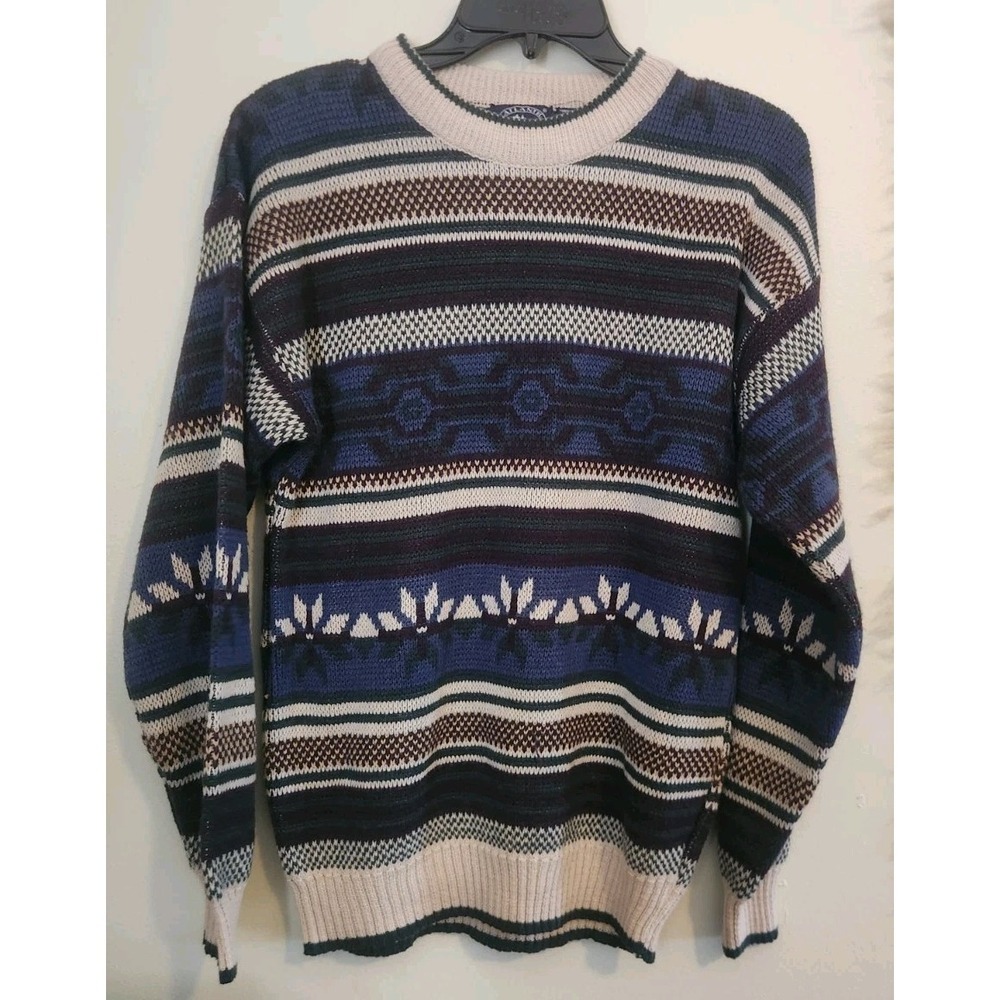 Vintage Atlantic Traders Knit Sweater Mens Medium Cream Blue Aztec‎ Fair Isle